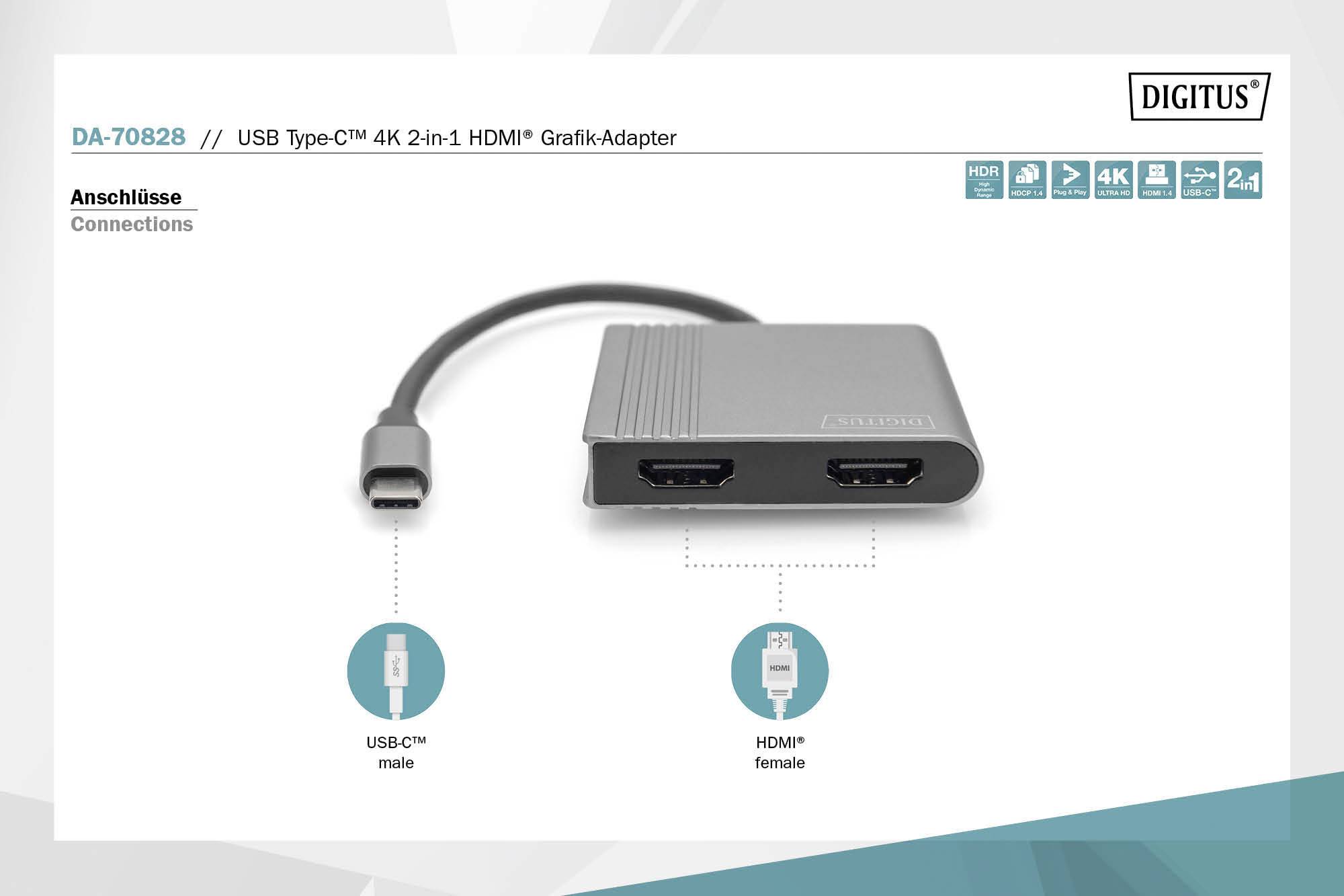 'DA-70828 USB Type-C™ 4K 2in1 HDMI™ Grafik-Adapter' und 'Anschlüsse' sind angezeigt. Der Adapter hat zwei HDMI™-Anschlüsse und einen USB-C™-Stecker.