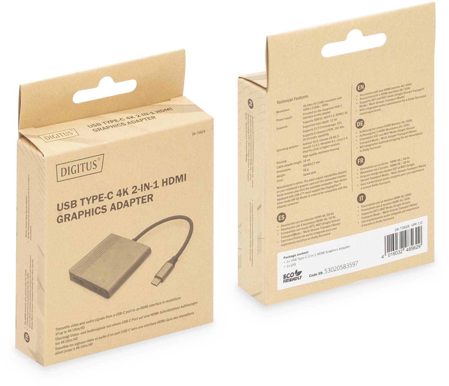 'USB Type-C 4K 2-in-1 HDMI Graphics Adapter' Verpackung, Vorderansicht mit Produktabbildung links, techn. Details auf der Rückseite rechts.