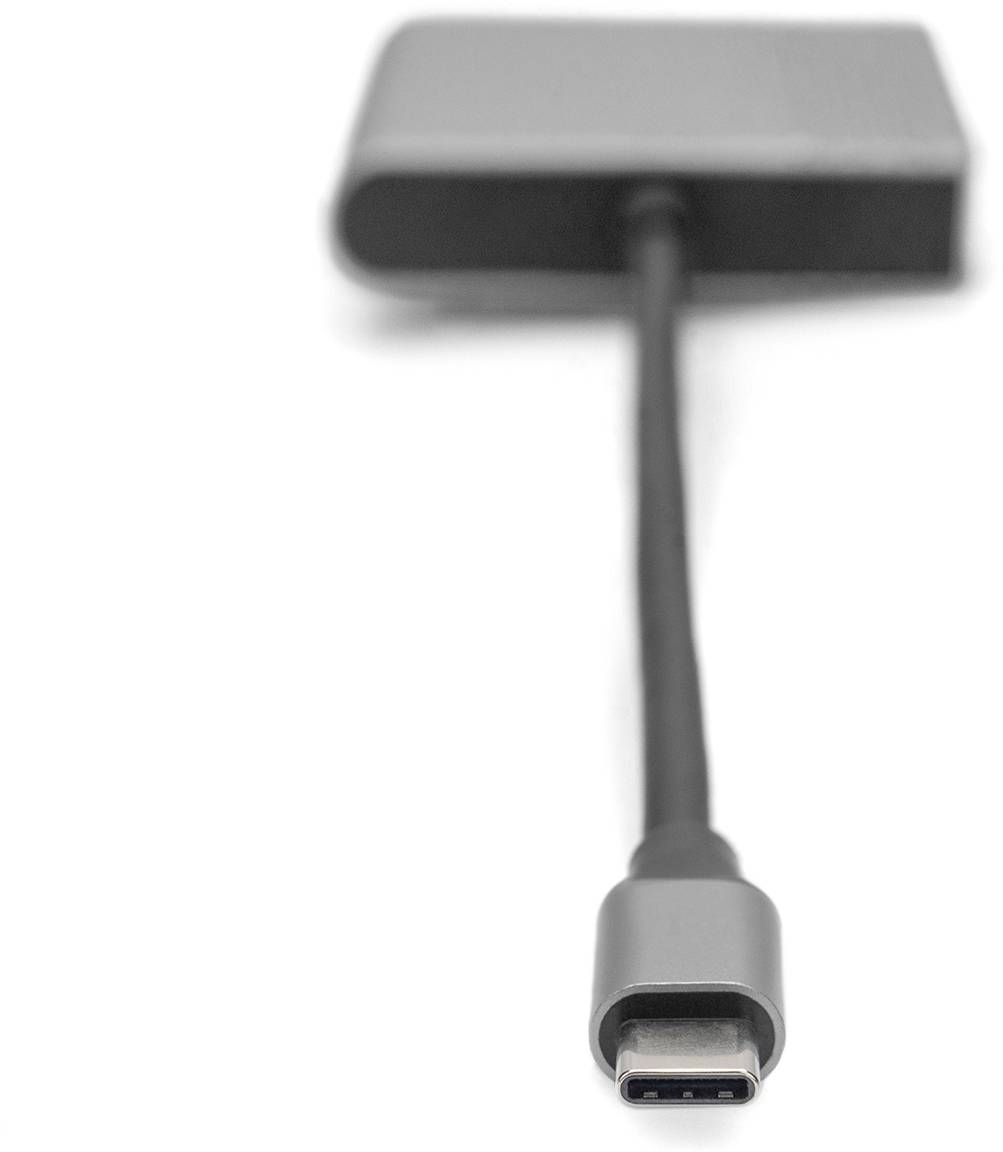 Ein USB-C-auf-HDMI-Adapter mit grauem Gehäuse. Der Adapter wandelt USB-C-Signale in HDMI-Signale zur Verbindung mit Bildschirmen um.