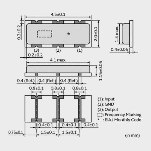 Technische Zeichnung eines elektronischen Bauteils mit Maßen in Millimetern. Die Anschlüsse sind gekennzeichnet: (1) Eingang, (2) Masse, (3) Ausgang.