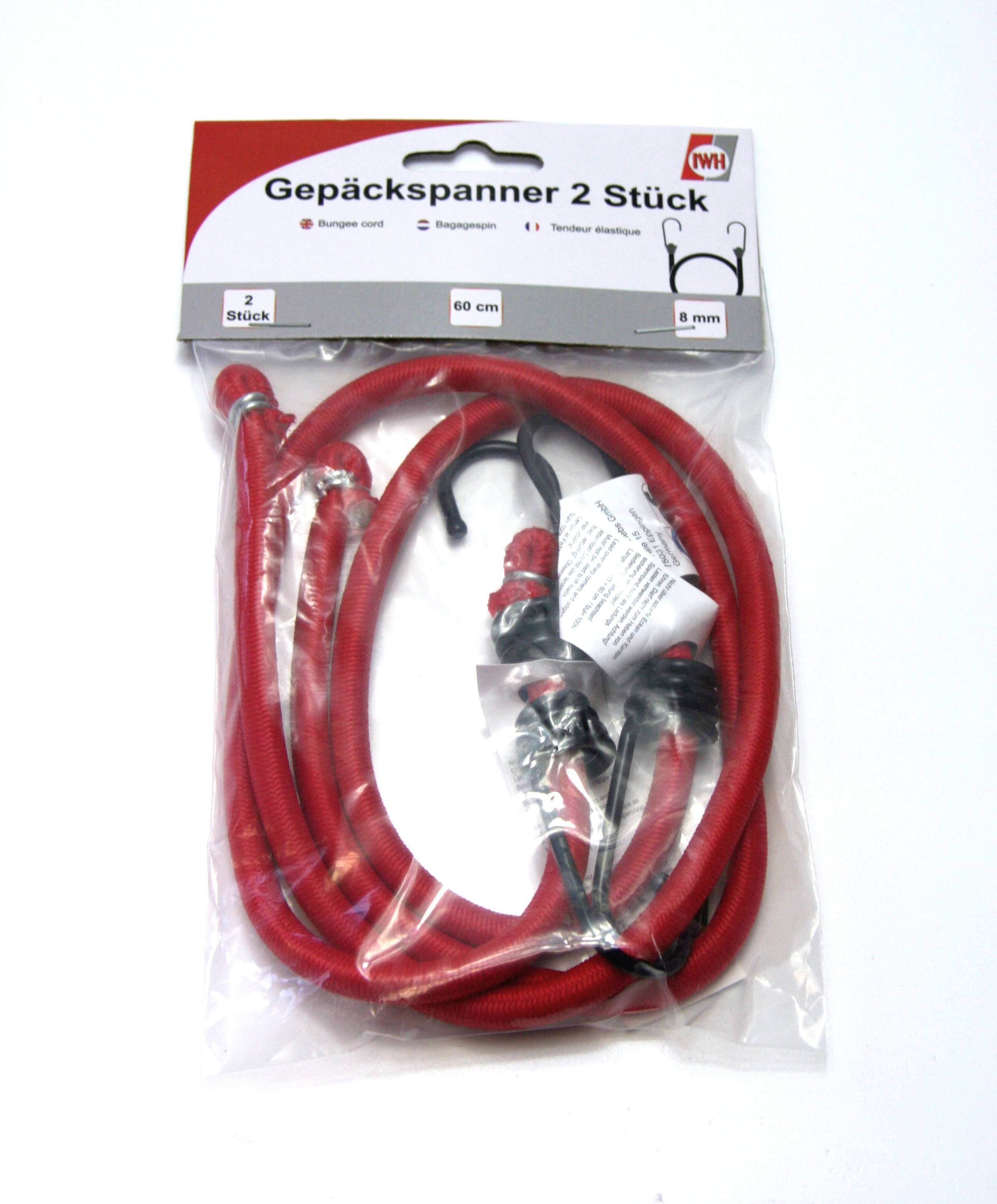 'Gepäckspanner 2 Stück, 60 cm, 8 mm' steht auf der Verpackung. Zwei rote Gummiseile mit Haken werden gezeigt.