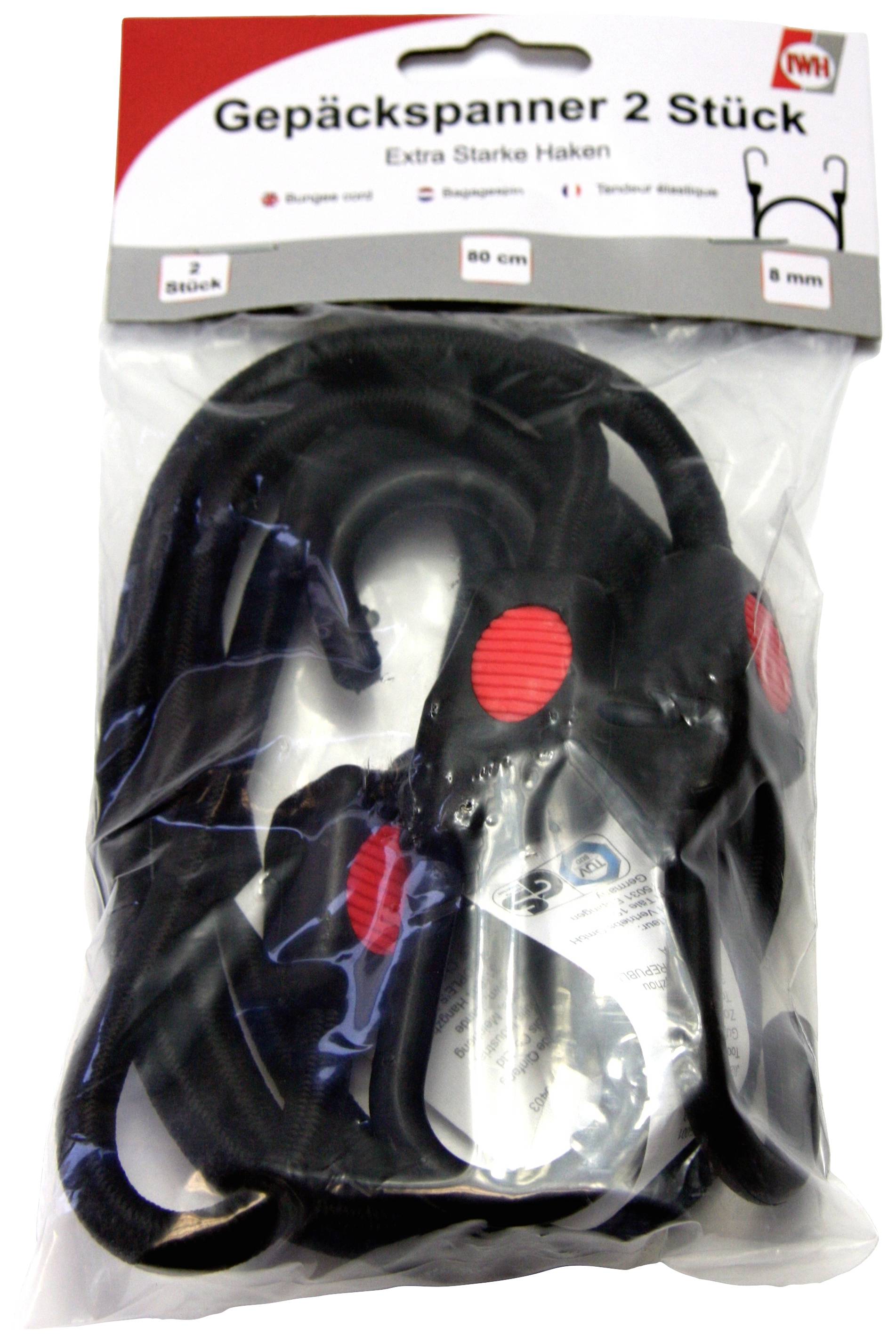 'Gepäckspanner 2 Stück' Packung mit zwei schwarzen Spannseilen, je 80 cm lang, mit Haken. Verpackung zeigt Produkt und Maße.
