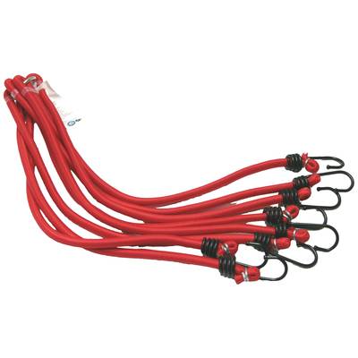 Sechs rote Spanngummis mit Haken an den Enden, nebeneinander liegend, zum Befestigen oder Sichern von Gegenständen.