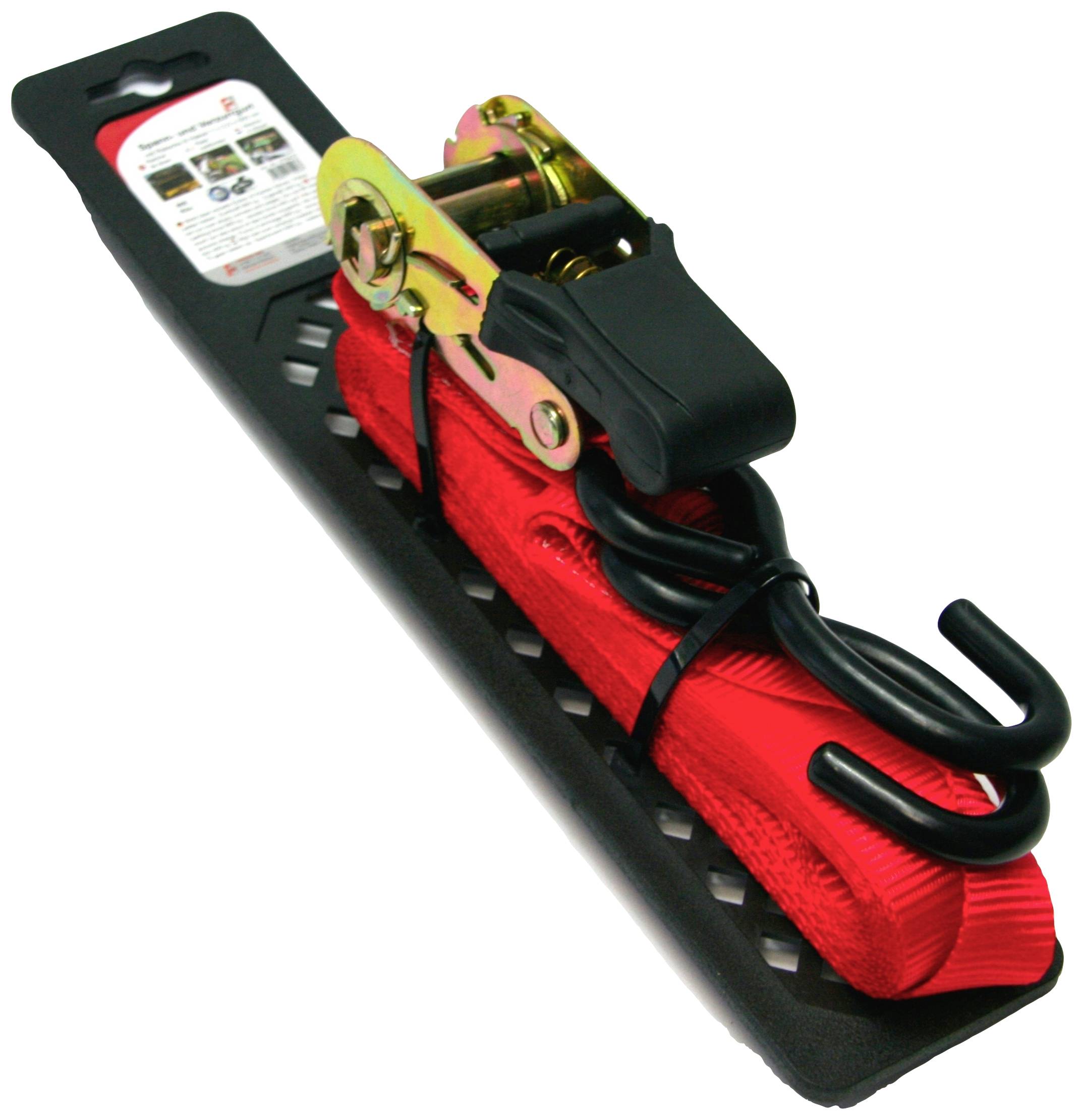 Ratschenspanngurt mit rotem Band und Haken. Verpackung zeigt Anleitungen und Anwendungshinweise.