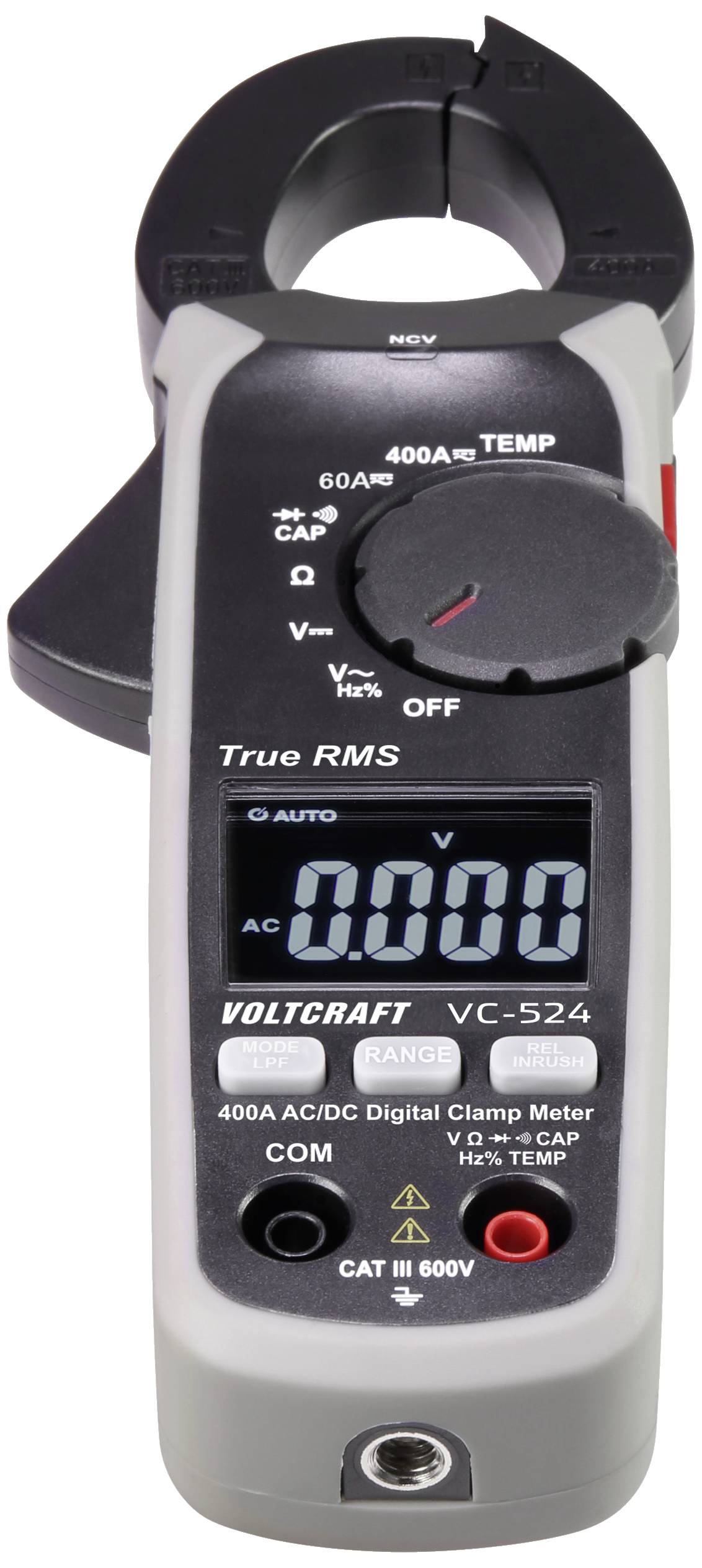 Digitales Strommessgerät mit Klemme, Anzeige von Volt und Ampere, Modell Voltcraft VC-524, geeignet für AC/DC Messungen bis 400A.