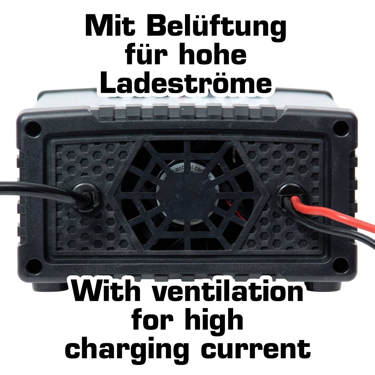 'Netzgerät mit Lüfter, geeignet für hohe Ladestromanforderungen. Text: Mit Belüftung für hohe Ladeströme. With ventilation for high charging current.'