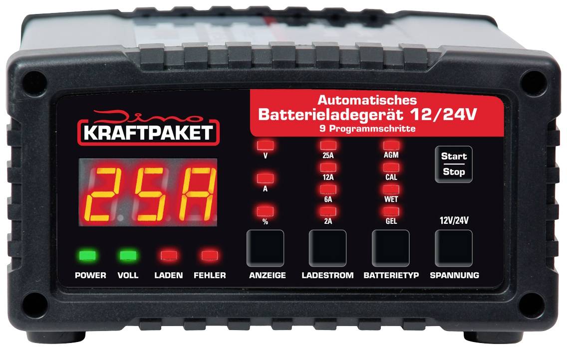 Das Bild zeigt ein automatisches Batterieladegerät mit digitaler Anzeige für 12/24V, 9 Programmschritte und verschiedene LED-Anzeigen.
