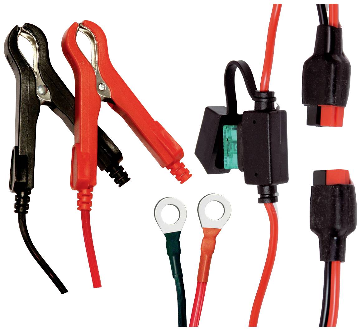 Rote und schwarze Batterieklemmen, Kabel mit Sicherung und Steckverbindungen. Zubehör für die Autobatterieladung.