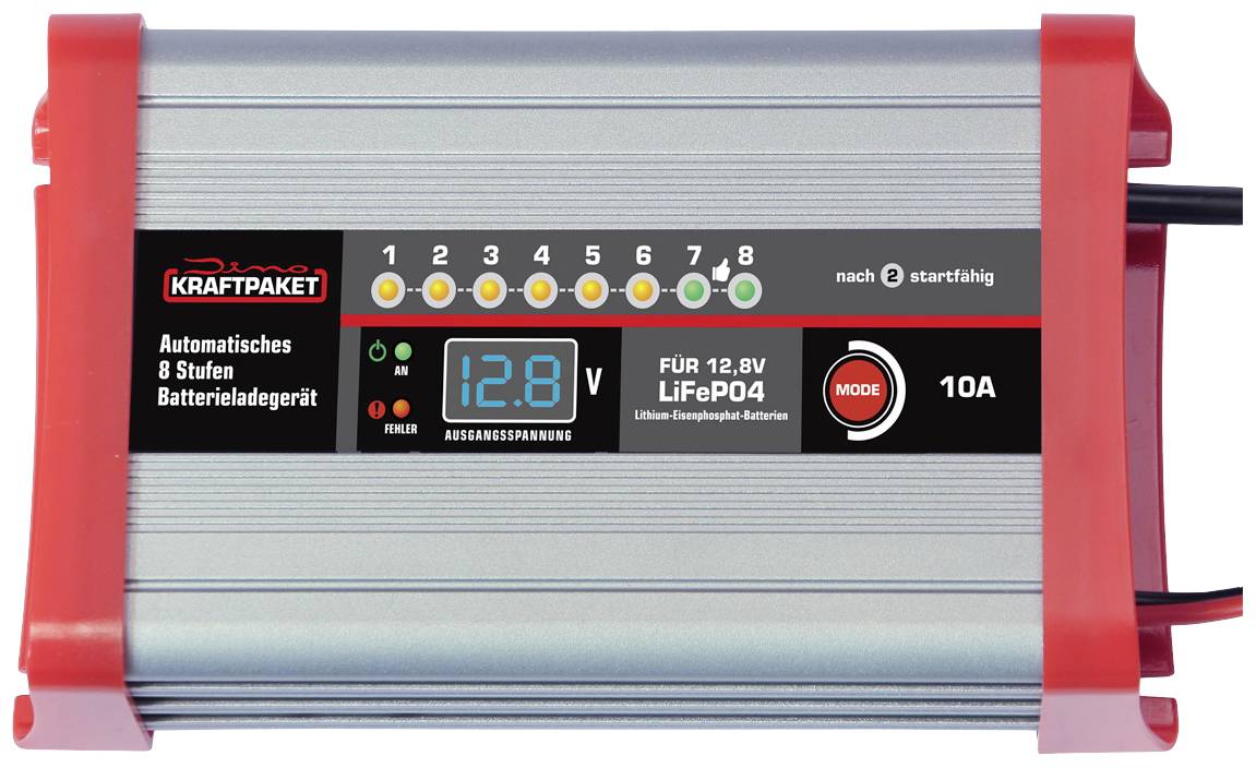 Batterieladegerät mit LED-Anzeige, zeigt 12,8V an. Geeignet für 12,8V LiFePO4-Batterien, hat verschiedene Lademodi und eine 10A-Ausgangsstromstärke.