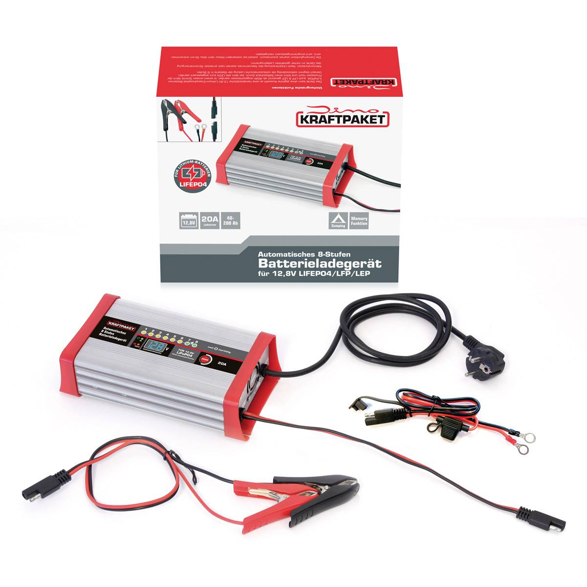 'Automatisches 8-Stufen Batterieladegerät für 12.8V LiFePO4-/LiFeYPO4-Batterien. Inklusive Kabel und Klemmen. Geeignet für PKW und Motorrad.'