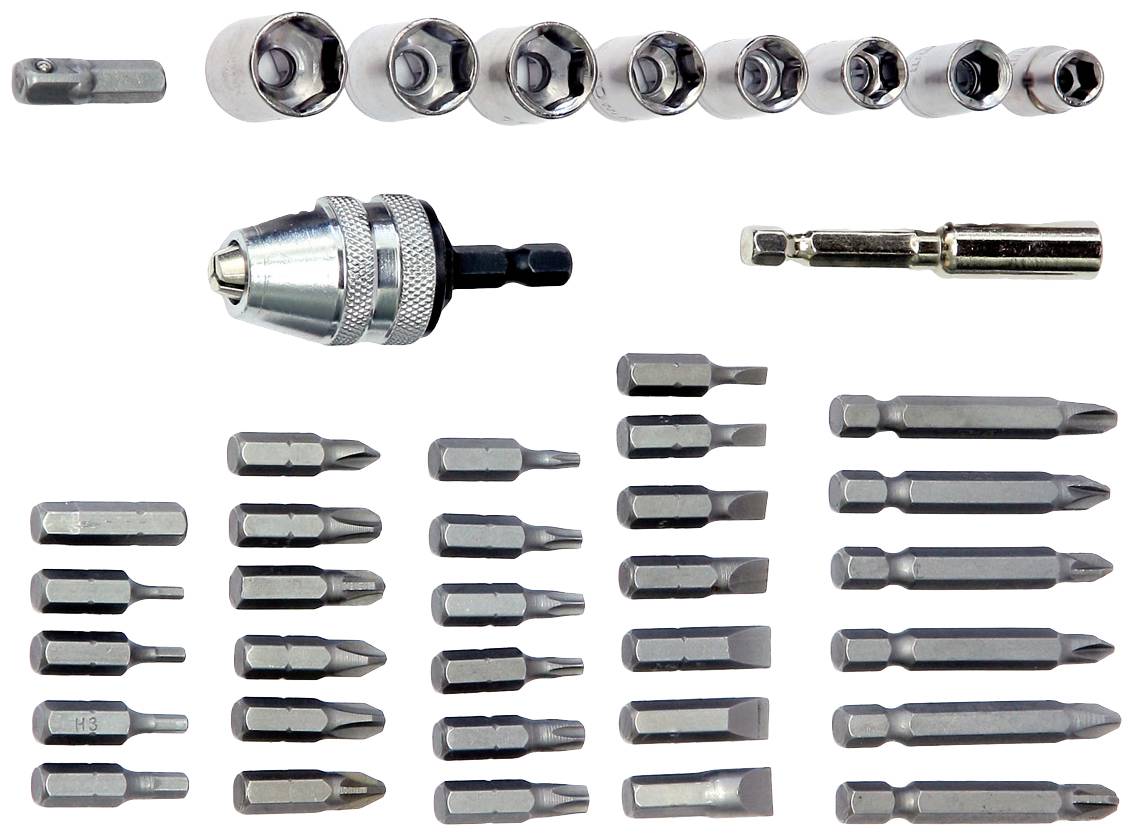 Verschiedene Stecknüsse und Bits in verschiedenen Größen nebeneinander angeordnet, einschließlich eines Schraubendreheradapters.