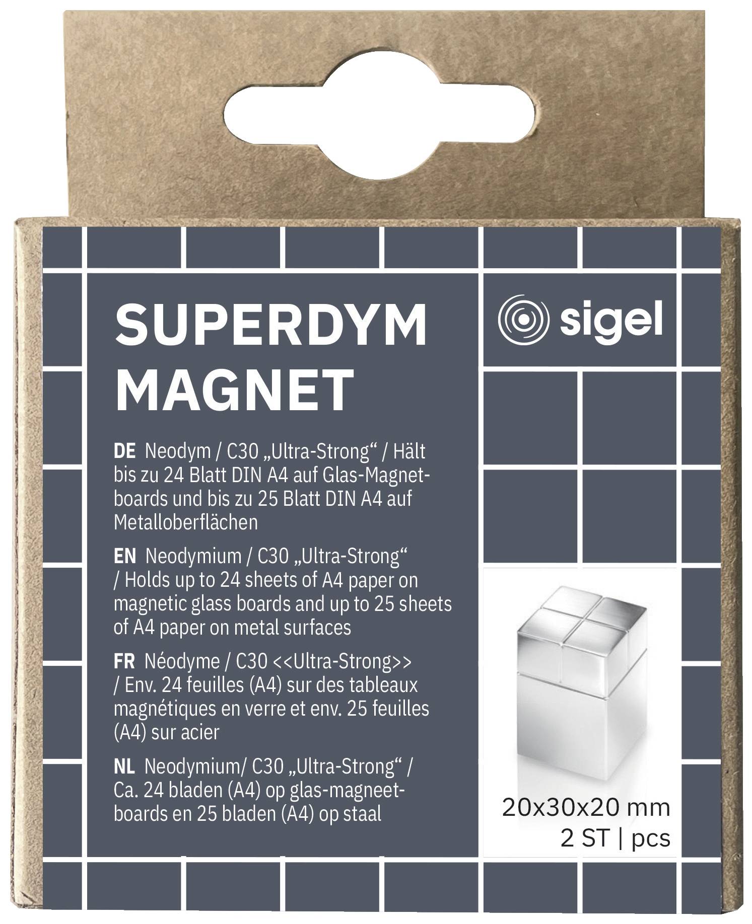 Eine Verpackung von Superdym Magneten mit Abmessungen 20x30x20 mm, 2 Stück. Halbt englische, deutsche und französische Beschreibungen.