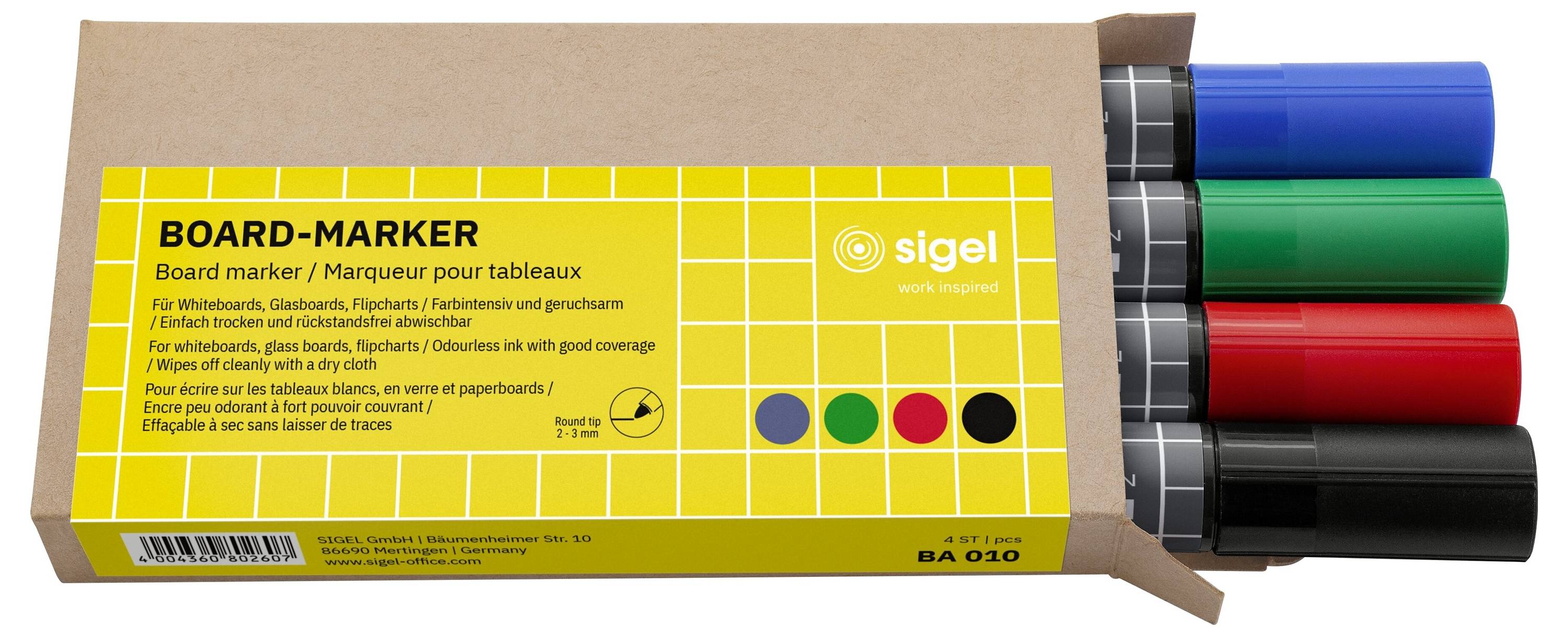 Schachtel mit Sigel-Boardmarkern mit vier sichtbaren farbigen Markern: blau, grün, rot und schwarz