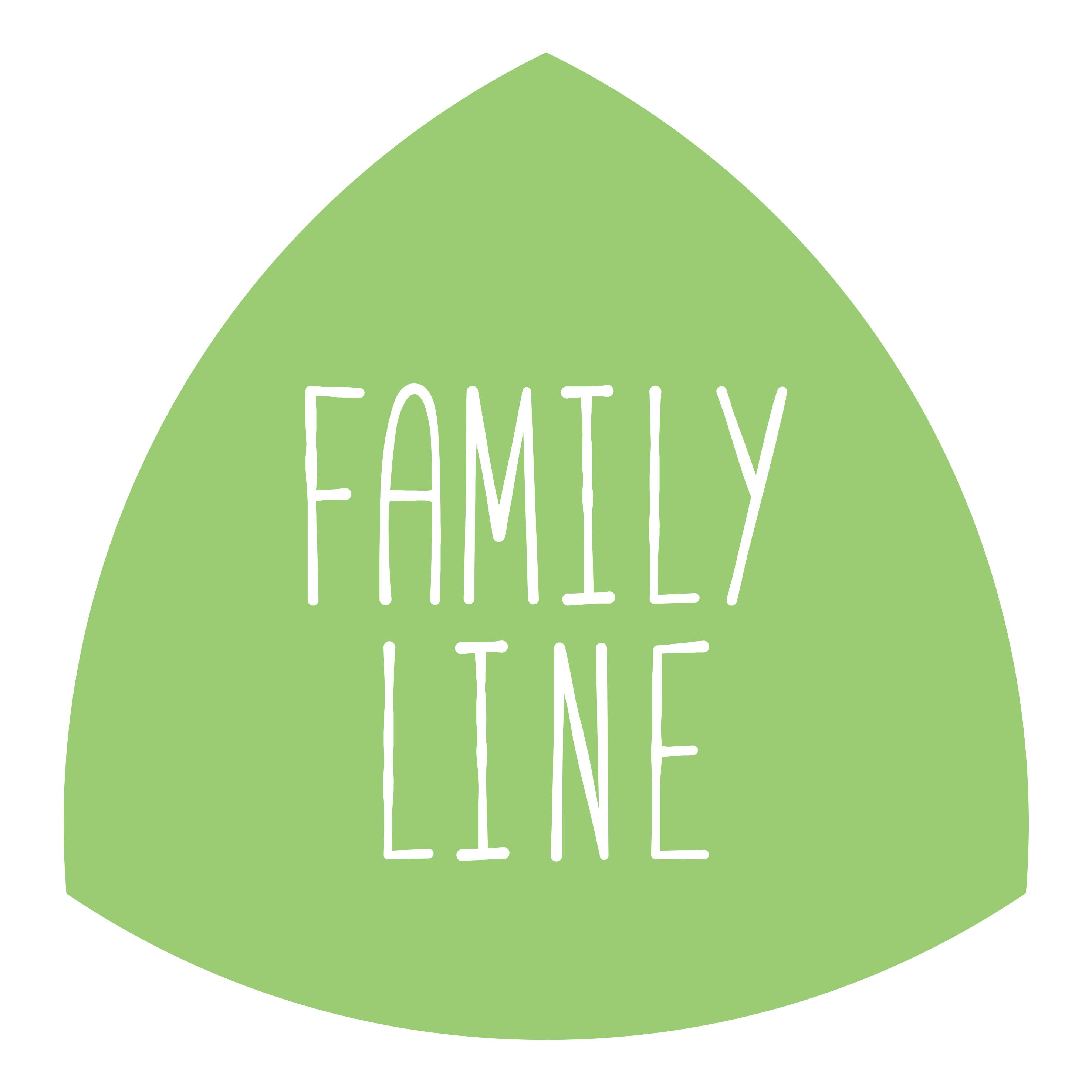 Ein umgedrehtes grünes Dreieck mit dem weißen Text "Family Line", der auf dem Dreieck steht.