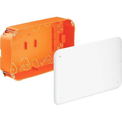 Elektrische Unterputzdose in Orange mit abnehmbarer weißer Abdeckung, zeigt Schraubenlöcher und Kabeldurchführungen.