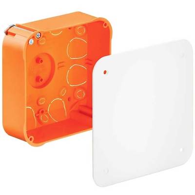 Orangefarbene Installationsdose aus Kunststoff mit abgenommener, weißer Abdeckplatte.