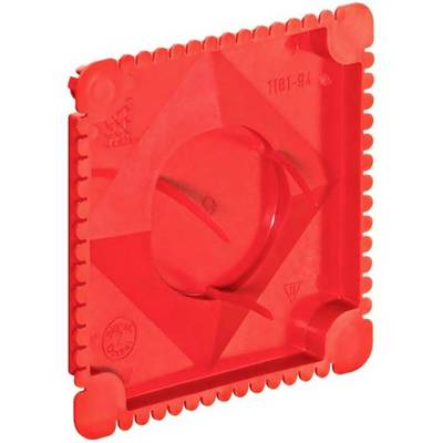 Rotes, quadratisches Bauteil mit geriffeltem Rand und zentralem Kreis, vermutlich Teil eines Spielzeugs oder Baukastensystems.