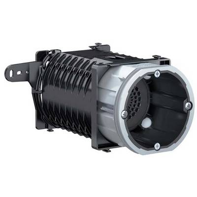 Schwarzes elektrisches Gerät in zylindrischer Form, mit Befestigungsblechen links und einem sichtbaren Lüfterrad rechts.