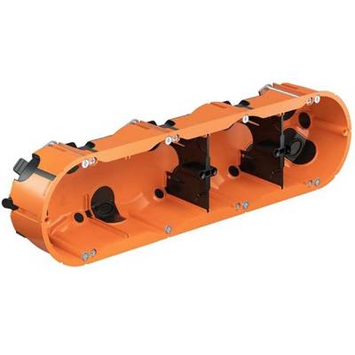 Orange Kunststoffgehäuse mit mehreren Öffnungen und Schrauben zur Befestigung, häufig verwendet zur Aufnahme von Elektroinstallationen.