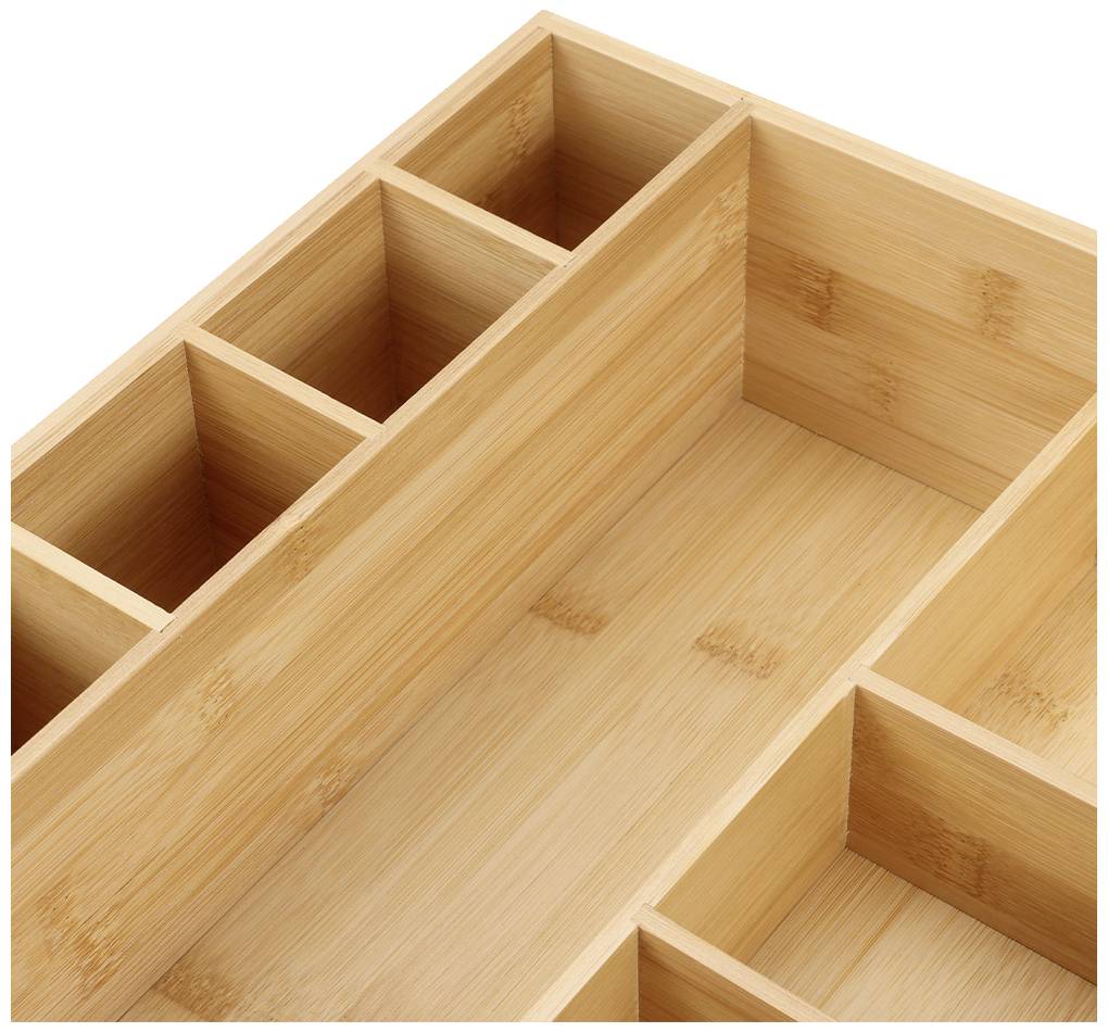 Holzkasten mit mehreren Fächern aus hellem Bambus, gezeigt in Nahaufnahme. Ideal zur Aufbewahrung von kleinen Gegenständen.