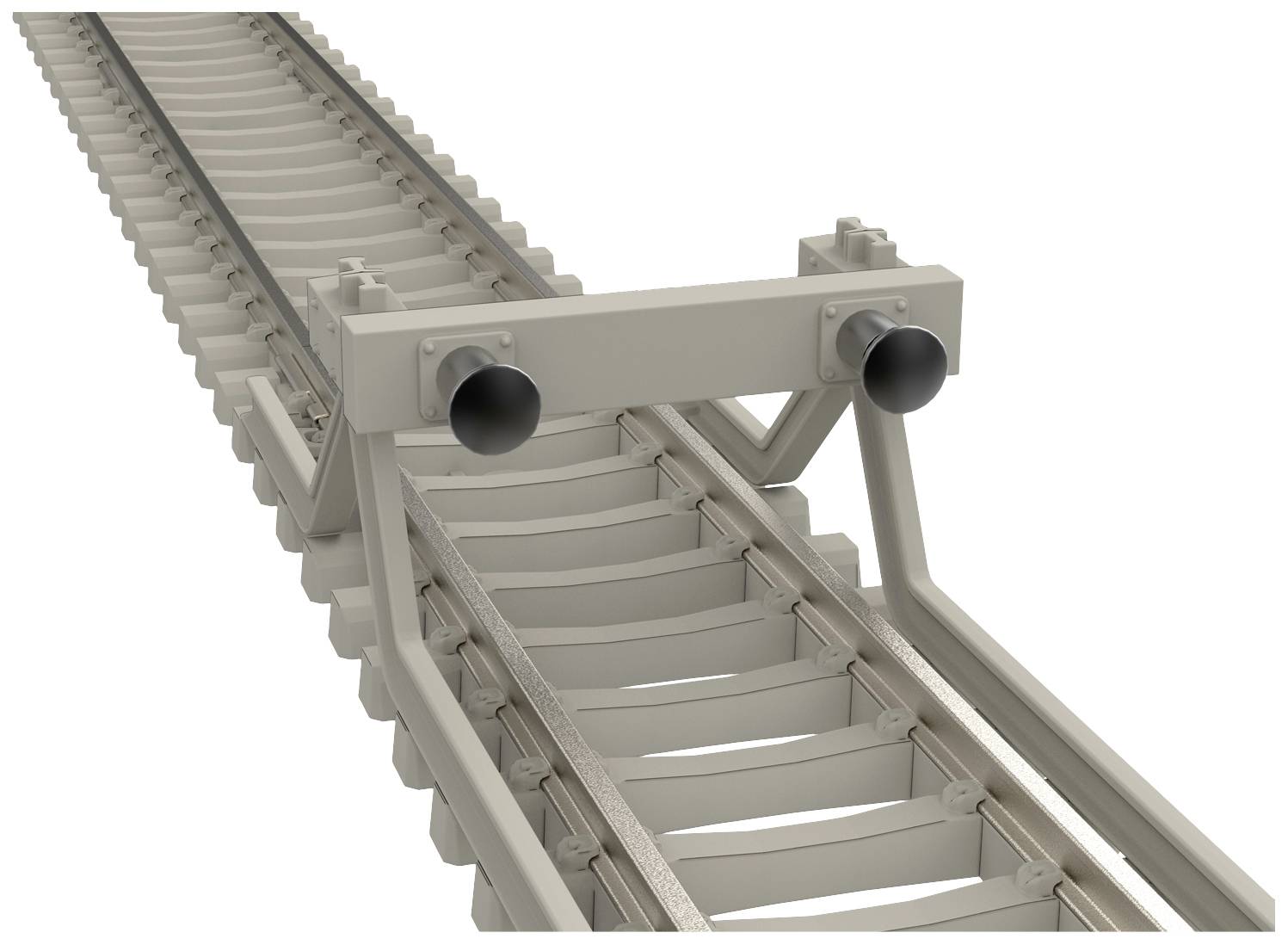 Schienenvermessungsgerät auf Eisenbahngleisen, zeigt zwei optische Sensoren zur Spurvermessung und Reduzierung von Gleisunregelmäßigkeiten.