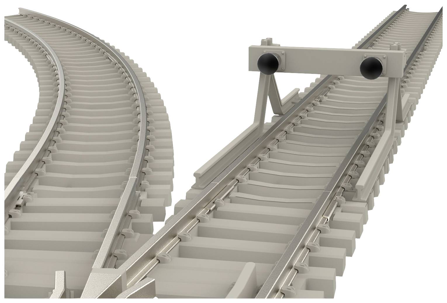 Zwei Eisenbahngleise zweigen in entgegengesetzte Richtungen ab. Eines der Gleise ist blockiert durch eine Barriere mit zwei kugelförmigen Enden.