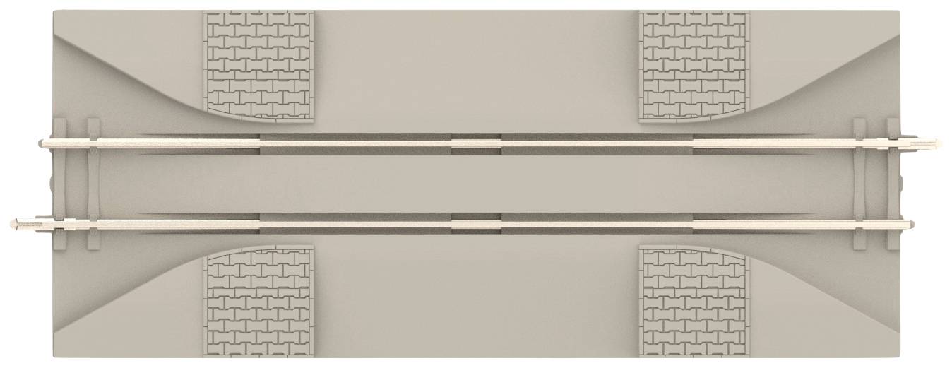 Brückenabschnitt aus Beton mit zwei parallel verlaufenden Schienen in der Mitte, flankiert von gepflasterten Flächen auf beiden Seiten.
