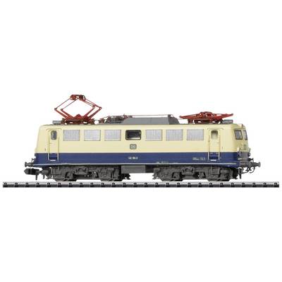 Eine detailreiche Modell-Elektrolokomotive im Maßstab H0, lackiert in beige-blau, zeigt Oberleitungsbügel und DB-Emblem an der Seite.