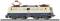Eine detailreiche Modell-Elektrolokomotive im Maßstab H0, lackiert in beige-blau, zeigt Oberleitungsbügel und DB-Emblem an der Seite.