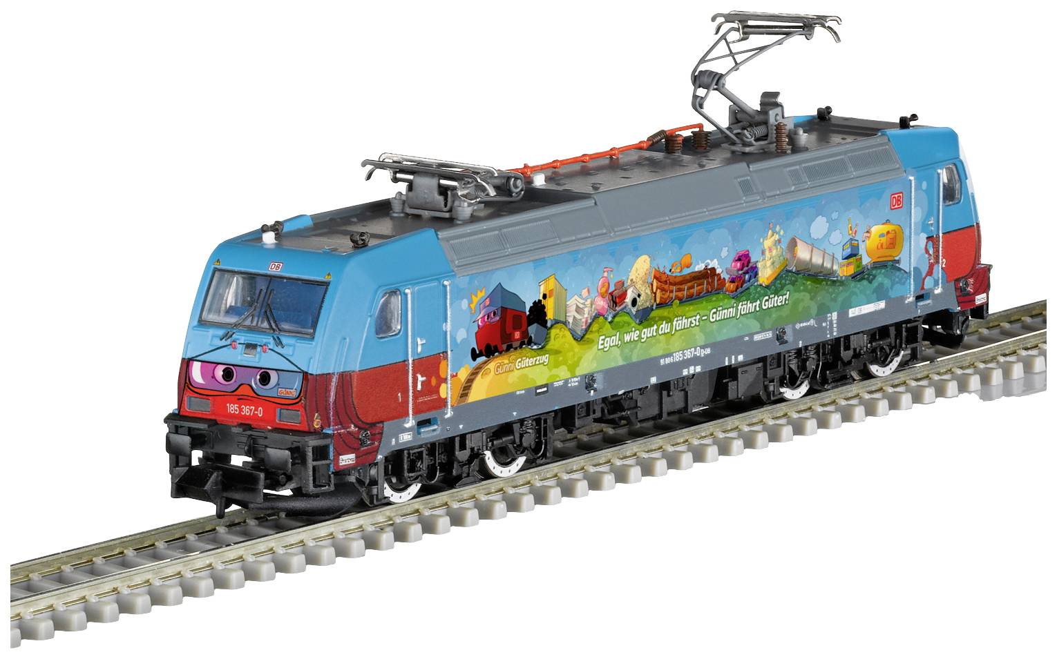 Ein bunt bemalter Modellzug auf Gleisen zeigt Cartoon-Züge und Text: 'Egal, wie alt du bist...'. Lokomotive mit DB-Logo.