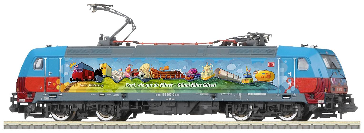 Mehrfarbige Lokomotive mit Werbung: 'Egal, wie gut du fährst - Güter fährt Güter', illustriert mit Transportmotiven und Spielszenen.