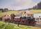 Eine Miniaturlokomotive zieht Waggons auf einer Modelleisenbahnstrecke durch eine ländliche Szene mit kleinen Gebäuden und Figuren.