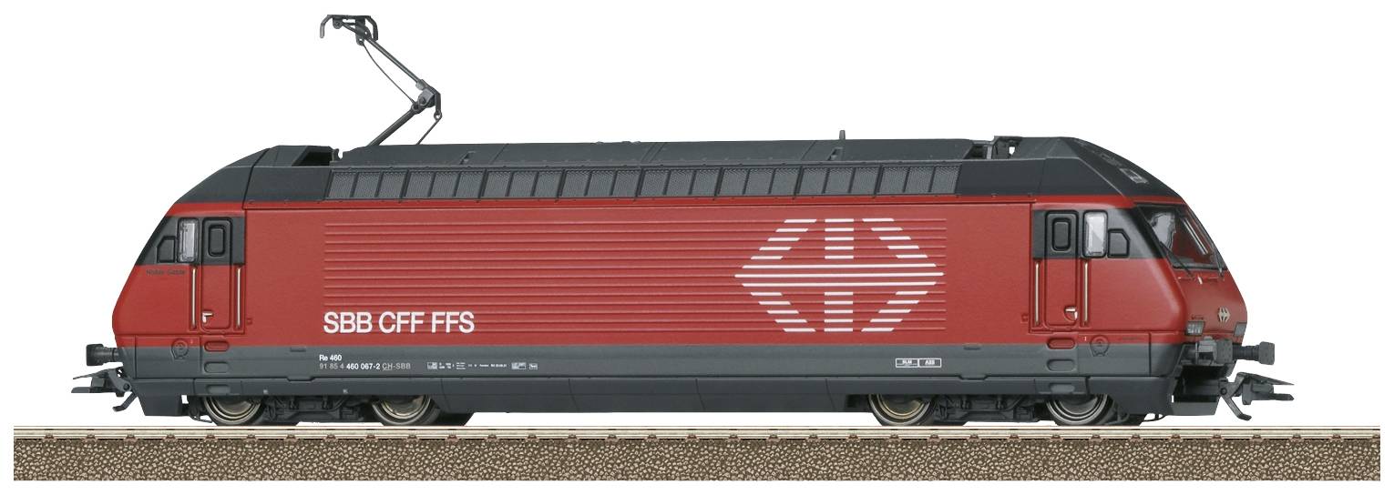 Ein rotes Modell einer Schweizer Lokomotive mit der Aufschrift 'SBB CFF FFS', stehend auf einem Gleisabschnitt.