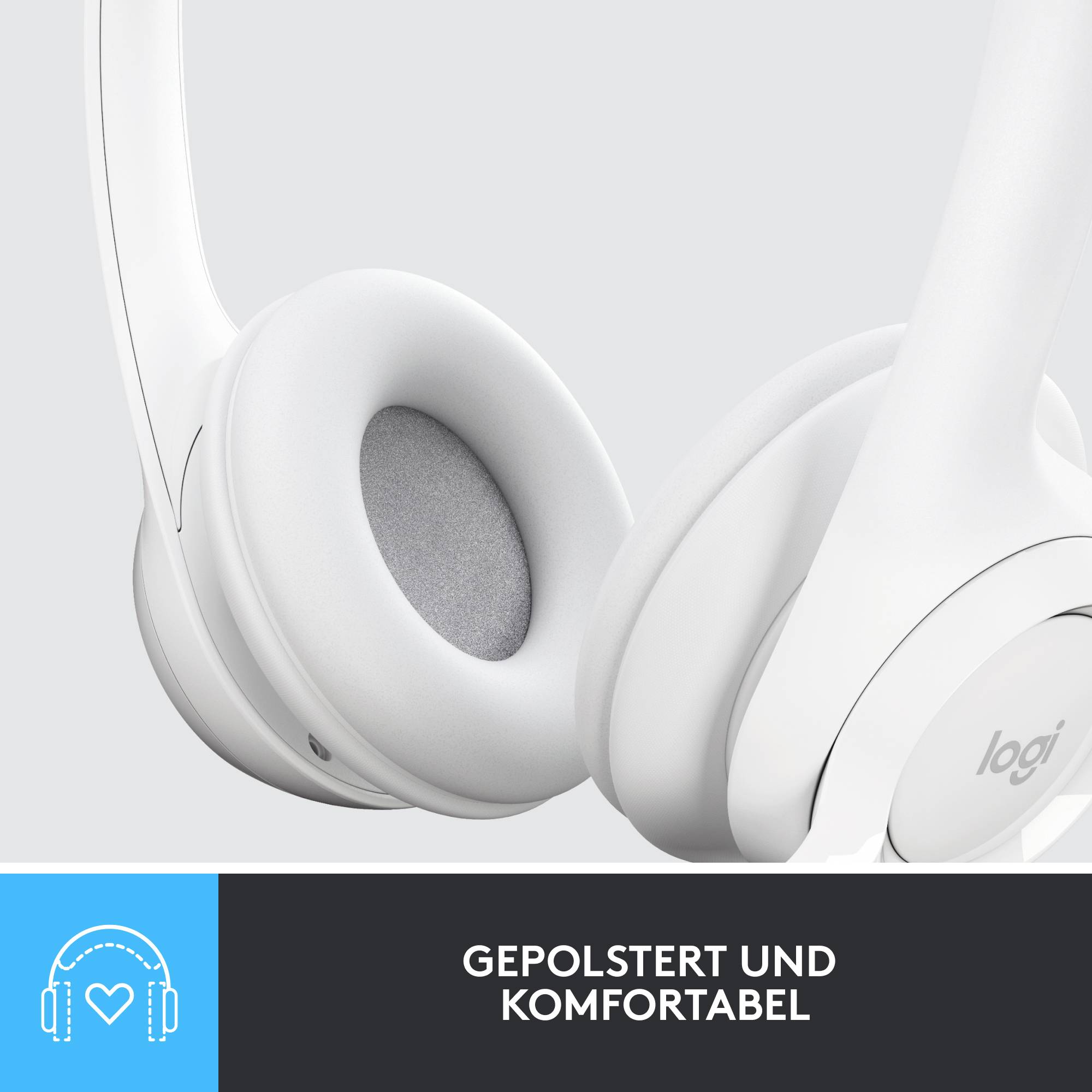 Weiße, gepolsterte Over-Ear-Kopfhörer mit grauem Stoffbezug; Text: 'Gepolstert und komfortabel'; Herz-Symbol mit Kopfhörern.