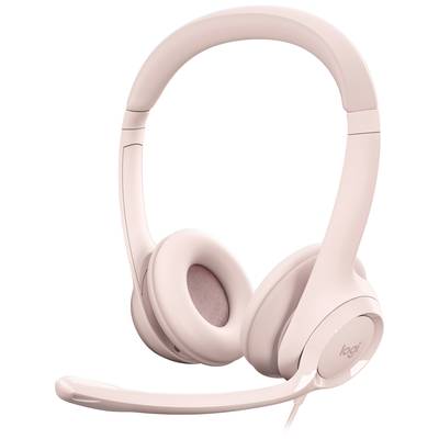 Hellrosa Over-Ear-Kopfhörer mit integriertem Mikrofon, geeignet für Audioanrufe und Musik.