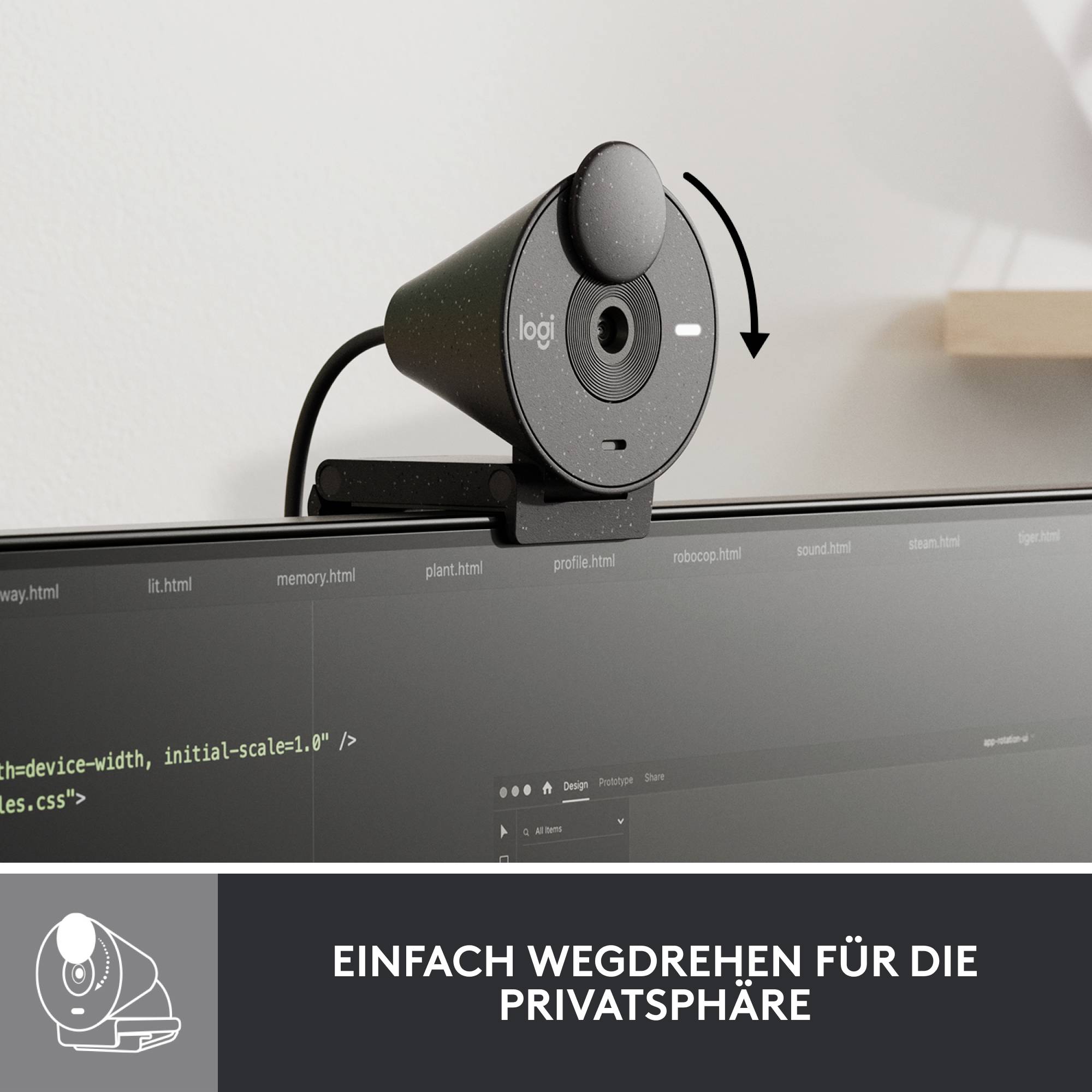 Webcam auf Monitor mit Pfeil, der zeigt, wie die Kamera für Privatsphäre weggedreht werden kann. Text unten: 'Einfach wegdrehen für die Privatsphäre'.