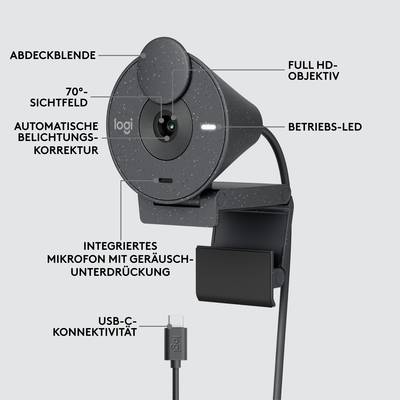 Webcam mit integriertem Mikrofon, Automatischer Belichtungskorrektur, Sichtfeld 70°, Full HD-Objektiv und USB-Konnektivität.