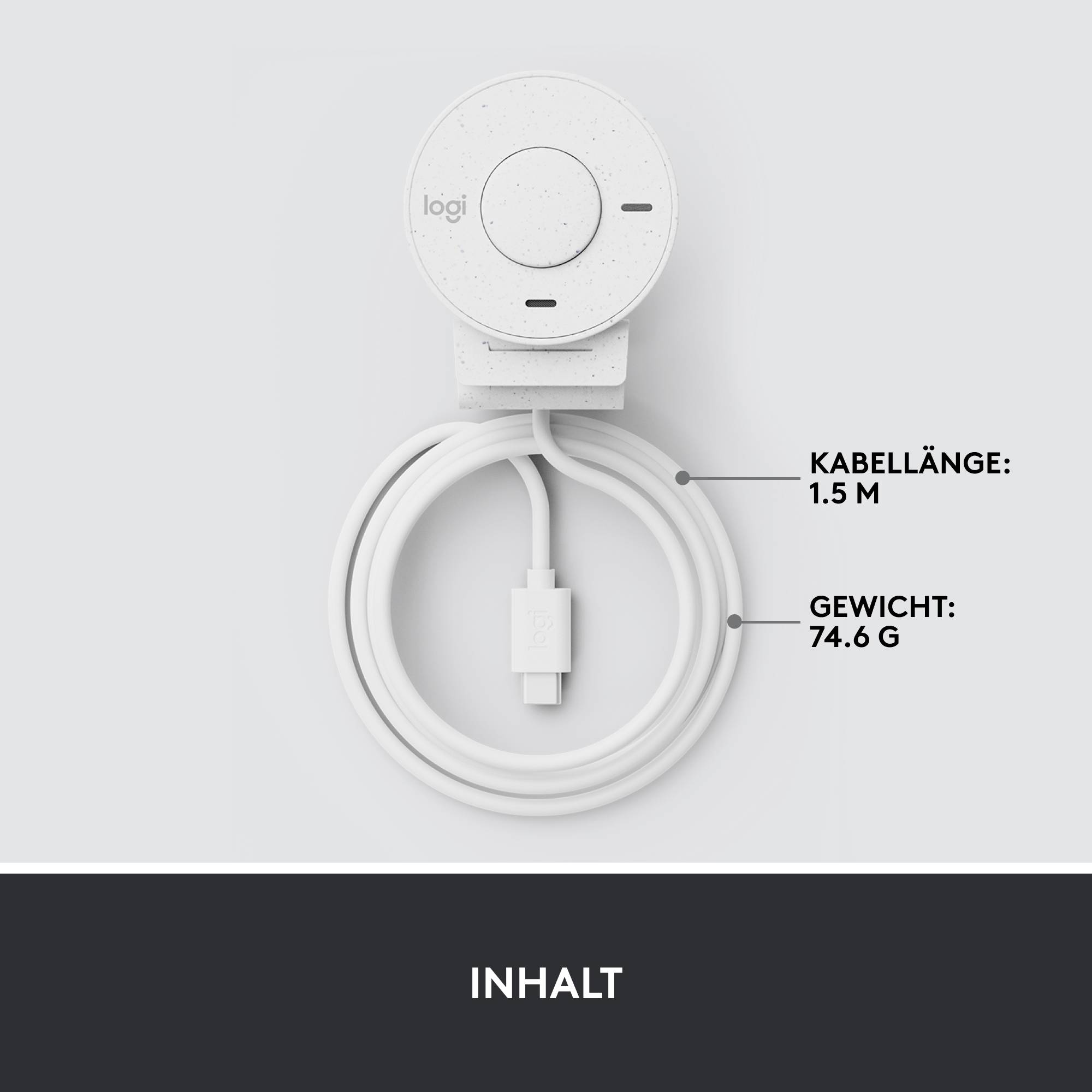 Ein weißer kabelloser Ladeadapter mit USB-Kabel. Aufschrift: 'Kabellänge: 1,5 m' und 'Gewicht: 74,6 g'. Unten steht 'Inhalt'.