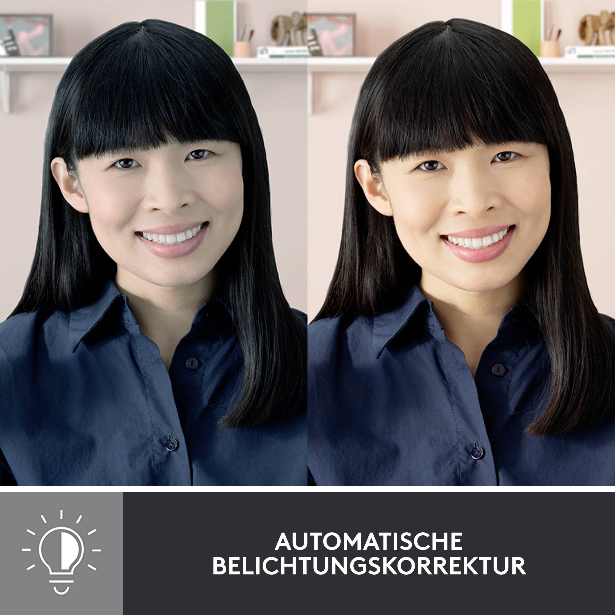'Vorher-Nachher-Bild einer Frau mit automatischer Belichtungskorrektur. Links: dunkler. Rechts: Heller, freundlich lächelnd.'