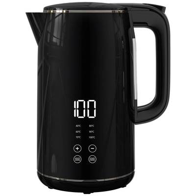 Ein schwarzer elektrischer Wasserkocher mit digitaler Temperaturanzeige. Tasten zur Temperatureinstellung: 40°C, 60°C, 70°C, 80°C, 90°C, 100°C.