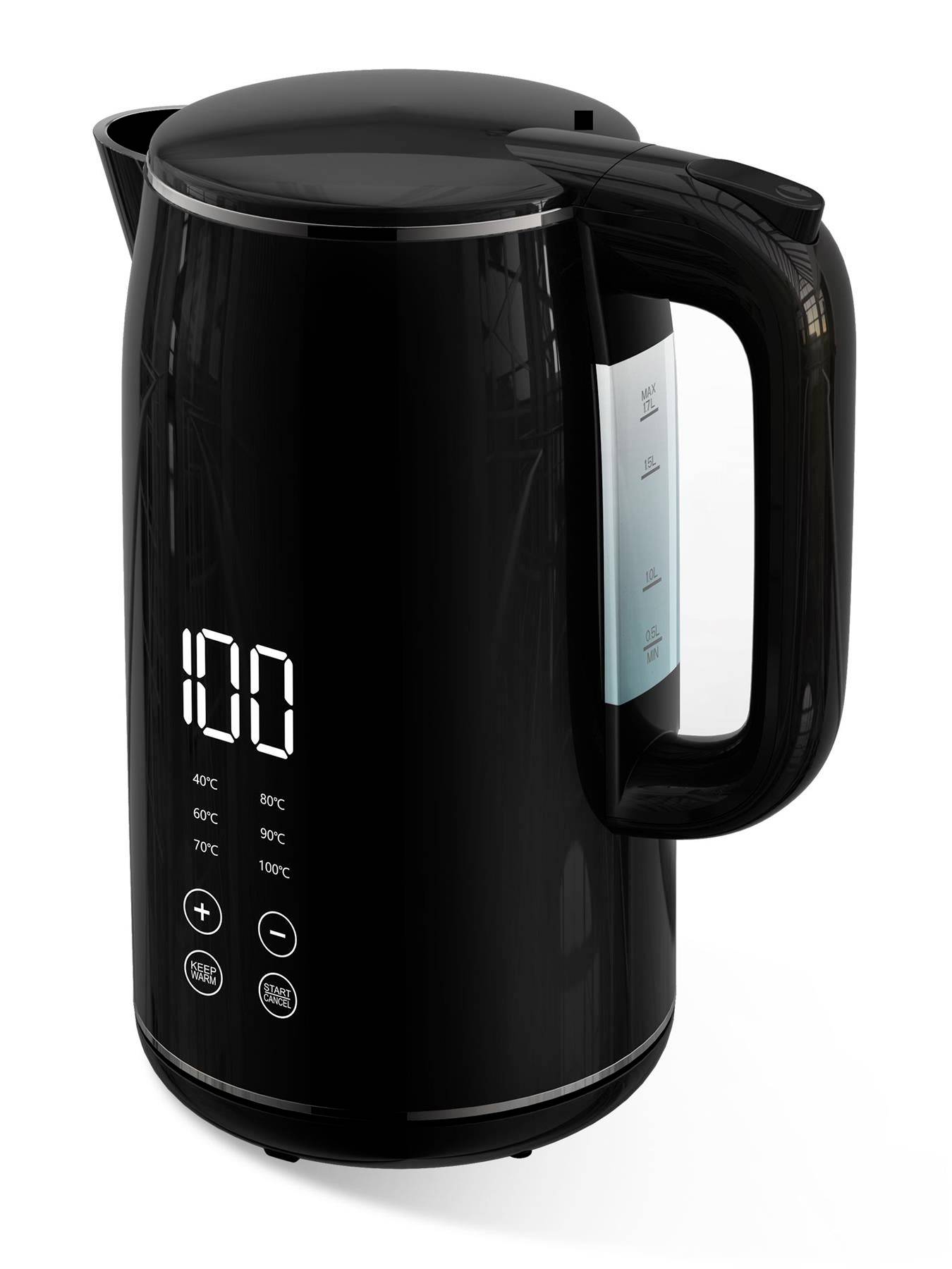 Schwarzer elektrischer Wasserkocher mit digitaler Temperaturanzeige und Bedienfeld für Temperatureinstellungen und Starttaste.