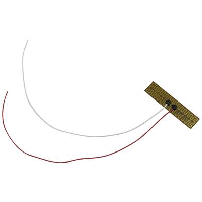 Heizelement mit zwei Drähten, ein roter und ein weißer, verbunden an einem kleinen, rechteckigen, goldfarbenen Heizziegel.