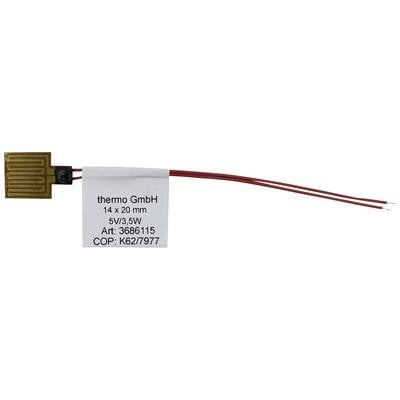 Ein kleiner rechteckiger Heizer mit angebrachten Kabeln und Etikett, das 'thermo GmbH, 14 x 20 mm, 5V/3,5W, Art: 3686115, COP: K62/7977' zeigt.