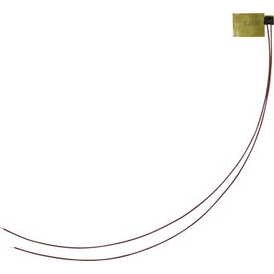 Ein flexibles Heizelement mit zwei langen, dünnen Drähten, die von einer rechteckigen, goldfarbenen Basis ausgehen.