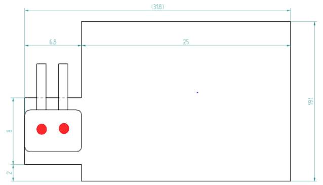 Technische Zeichnung eines rechteckigen Geräts mit einem zweipoligen Stecker auf der linken Seite, mit Abmessungen in Millimetern.