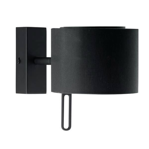 Schwarze Wandleuchte mit rundem Lampenschirm und rechteckiger Wandhalterung, modernes Design, geeignet für Innenräume.