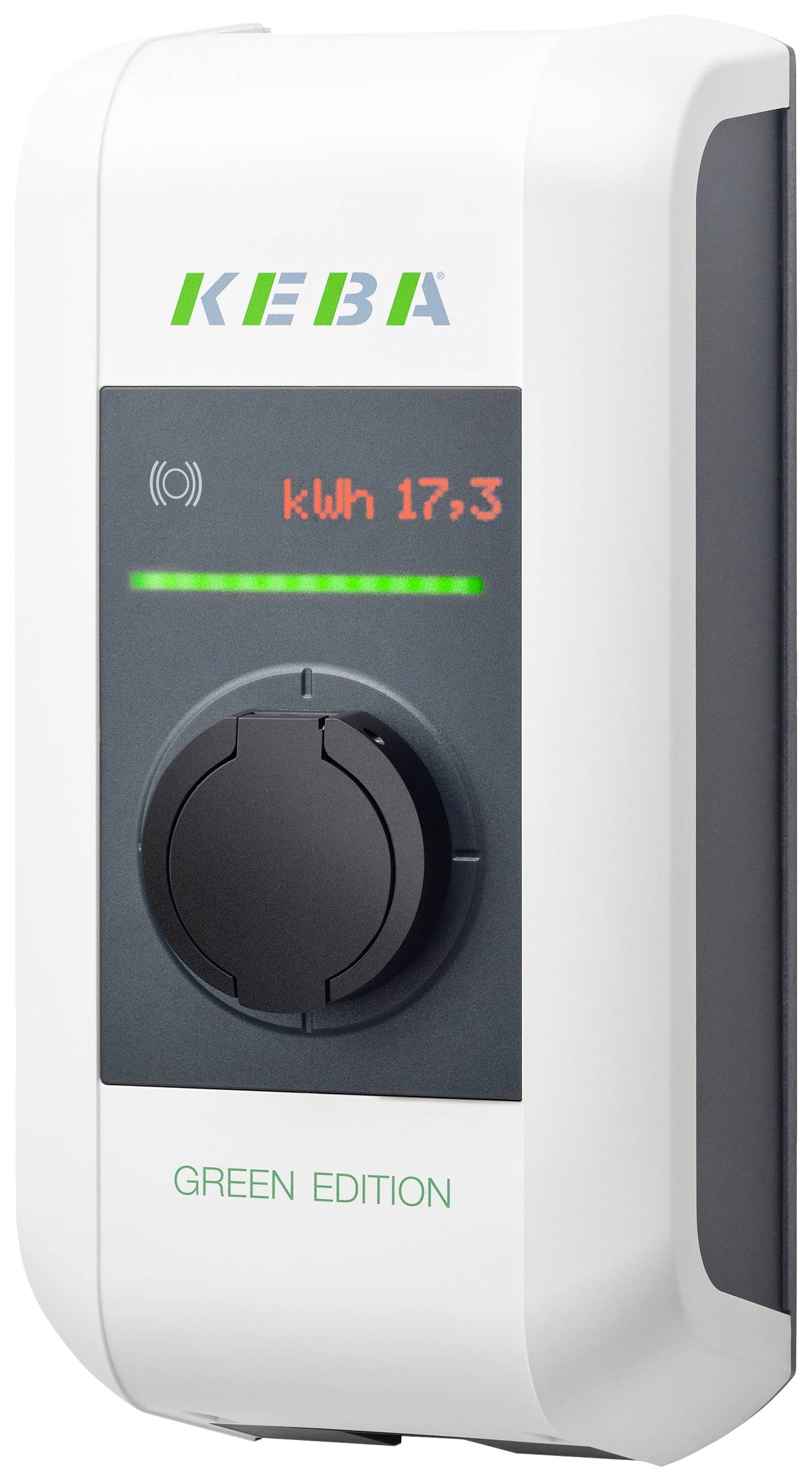 Eine weiße Wallbox für Elektrofahrzeuge mit der Aufschrift 'kWh 17,3'. Darunter steht 'GREEN EDITION'.