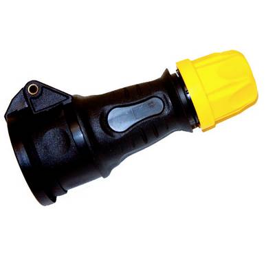 Ein schwarzer Schlauchanschluss mit gelbem Verschlussdeckel, verwendet zur Verbindung von Gartenschläuchen und Wasserversorgung.