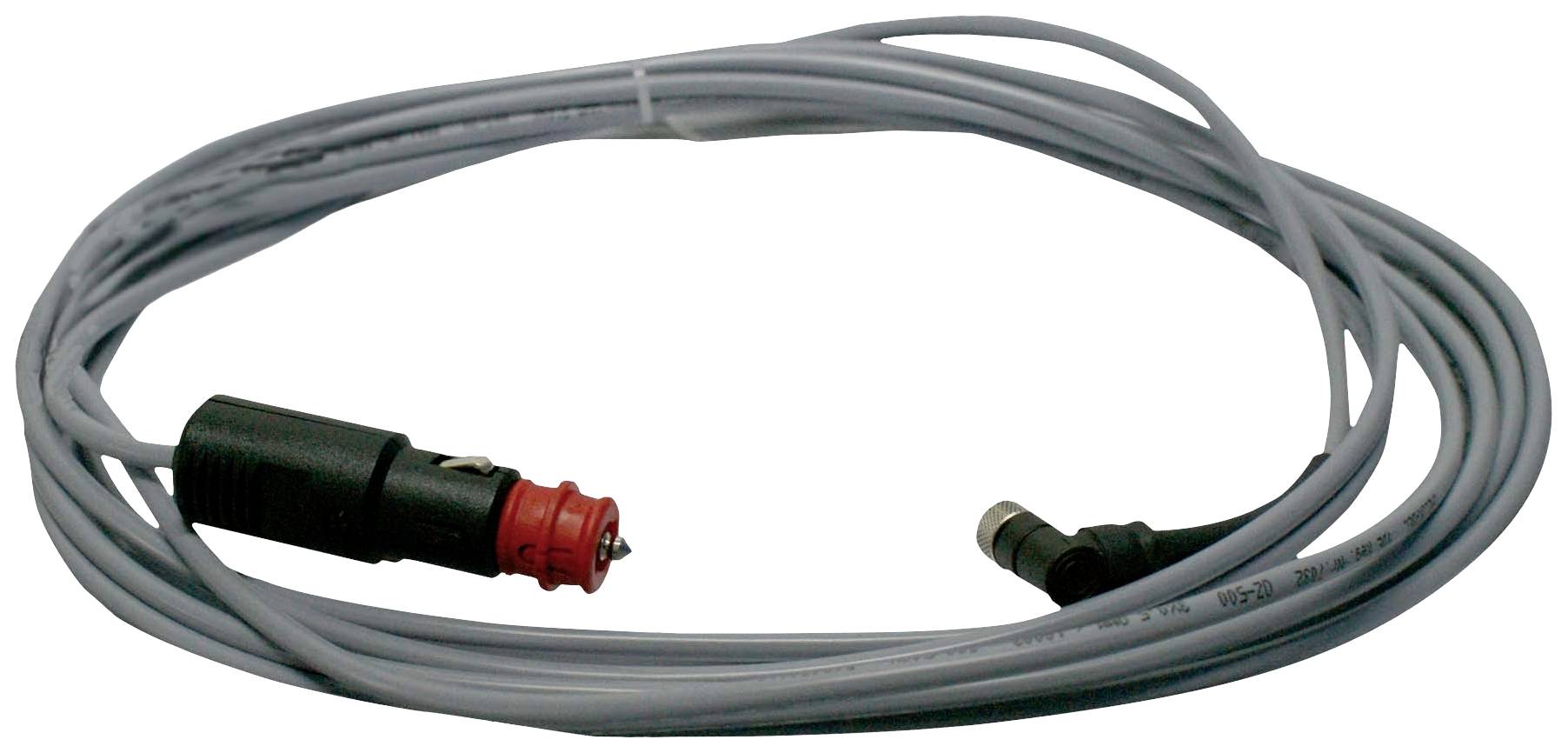 Ein langes graues Kabel mit einem roten und einem schwarzen Stecker an den Enden, aufgerollt und für elektrische Verbindungen geeignet.