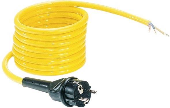 Gelbes Verlängerungskabel mit einer abisolierten Drahtspitze und einem Schuko-Stecker. Kabel ist eingerollt.